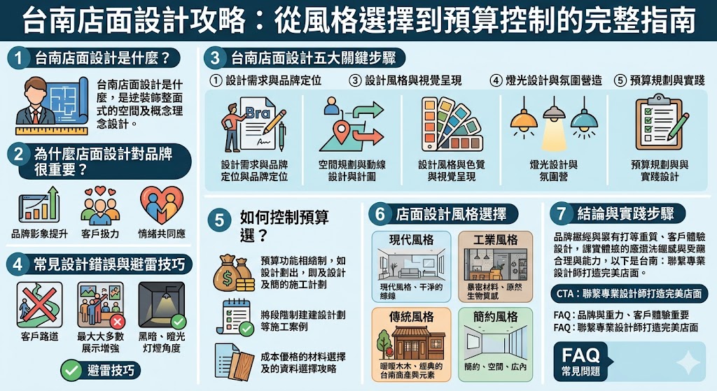 台南店面設計不僅是創造美觀的空間，更是提升品牌形象和吸引顧客的關鍵。無論是選擇合適的設計風格、規劃合理的動線，還是控制預算，每一個步驟都對最終效果有重要影響。本文將介紹台南店面設計的基礎概念、常見錯誤、預算控管方法，並提供選擇風格與設計技巧的實用建議，幫助商家打造成功的店面設計，吸引更多顧客。