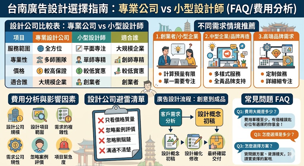本篇文章深入分析台南廣告設計市場，幫助企業選擇最適合的設計服務。無論是小型設計師還是專業設計公司，根據預算與需求，台南的廣告設計選擇多樣化，從平面設計到數位行銷都有涵蓋。了解各種設計服務的優缺點，選擇符合自己品牌定位的方案，讓你的廣告設計不僅美觀，還能有效提升品牌形象與市場影響力。
