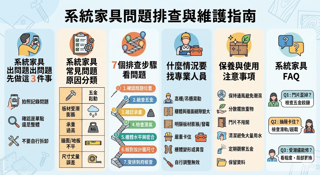 系統家具使用久了可能出現門片歪斜、抽屜卡住、板材受潮、五金鬆動或櫃體不穩等問題。本文整理系統家具常見原因、判斷方式、排查流程與修復注意事項，幫助屋主先釐清問題來源，判斷哪些狀況可自行檢查，哪些情況應找系統家具專業人員處理，降低維修風險並延長櫃體使用壽命。