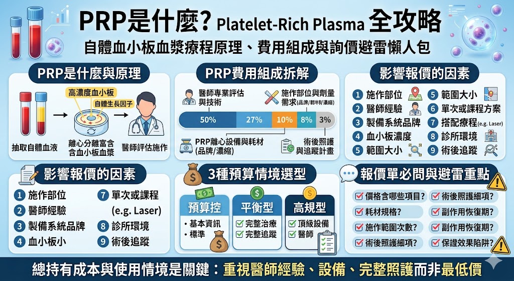PRP是什麼？PRP是什麼療程適合哪些人？本文整理PRP原理、費用怎麼算、報價單該看哪些項目、影響價位的因素與常見QA，幫助第一次諮詢PRP的人了解療程差異、預算規劃與詢價前必問重點，避免只看單次價格而忽略醫師評估、耗材設備與術後追蹤服務。