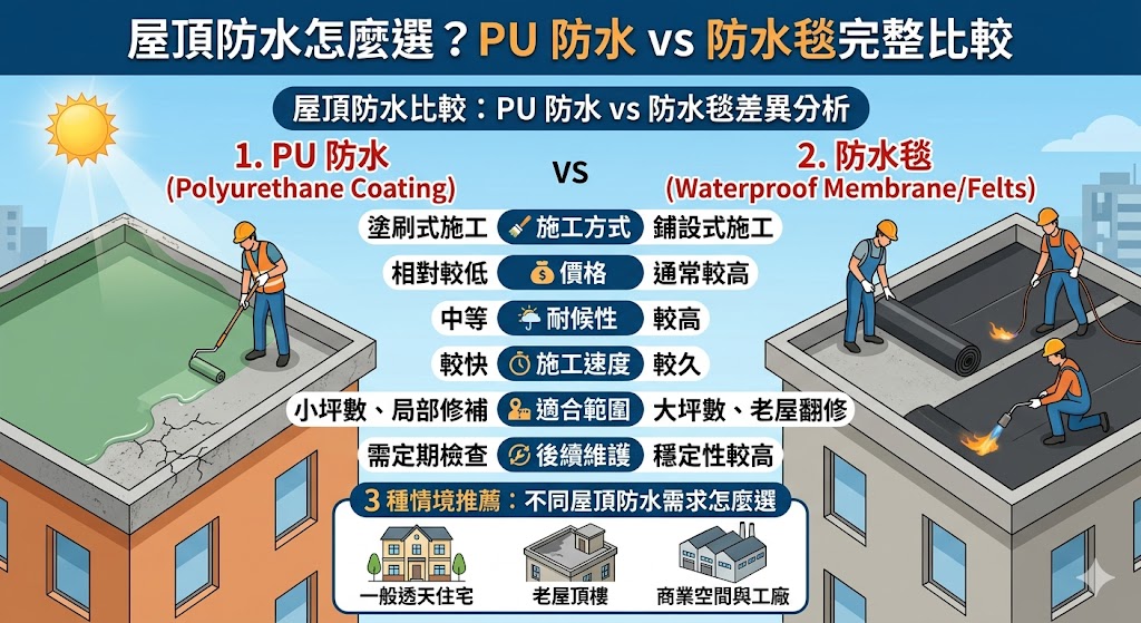 想做好屋頂防水,不能只看價格或單純補裂縫。本文整理屋頂防水常見工法差異,包含 PU 防水與防水毯比較、適合情境、費用影響因素與施工避雷重點,幫助你依照屋況、漏水程度與預算,選出更適合的屋頂防水方式,降低反覆漏水風險。