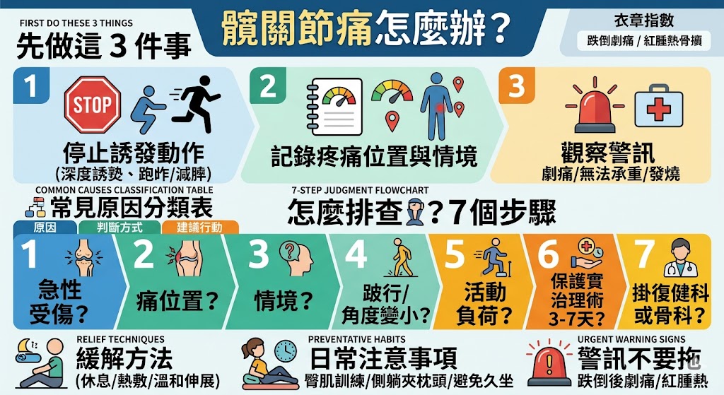 髖關節痛常見於鼠蹊部、臀部或大腿外側，可能與退化、滑囊炎、肌肉拉傷、久坐姿勢不良或腰椎牽連有關。本文整理髖關節痛的常見原因、判斷方式、居家緩解方法與排查流程，並說明哪些警訊需要盡快掛號復健科或骨科，協助你安全判斷下一步處理方向。