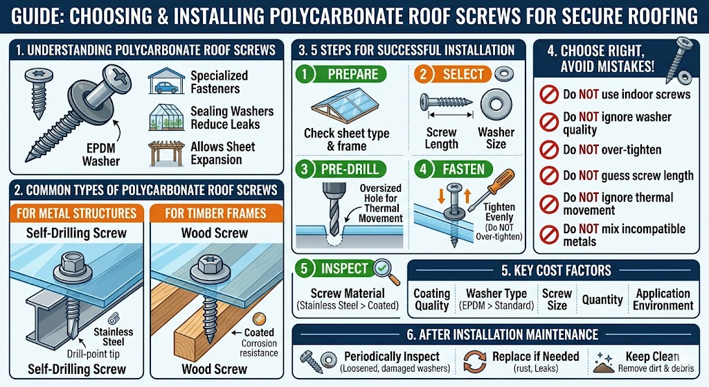Polycarbonate roof screws are essential fasteners for securing polycarbonate roofing sheets on patios, carports, greenhouses, pergolas, and skylights. Choosing the right polycarbonate roof screws helps improve waterproofing, structural stability, corrosion resistance, and long-term roof durability. This guide explains screw types, washer selection, installation steps, cost factors, and common mistakes to avoid when working with polycarbonate roofing projects.