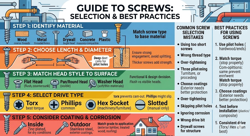Screws are essential fasteners used in construction, furniture assembly, machinery, electronics, and everyday repair projects. Choosing the right screws helps improve holding strength, surface finish, durability, and long-term safety. This guide explains what screws are, how different screw types work, and how to select the proper size, head style, thread design, drive type, and coating for wood, metal, plastic, drywall, concrete, and outdoor applications. It also covers common mistakes such as using screws that are too short, skipping pilot holes, over-tightening, or choosing the wrong material for humid environments. Whether you are a DIY beginner, contractor, engineer, or manufacturer, understanding screws can help you complete stronger, cleaner, and more reliable fastening work. This article provides practical selection tips, comparison tables, and best practices for using screws correctly in different projects.