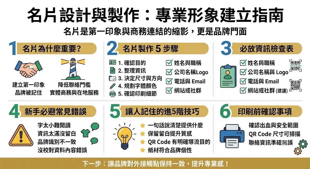 名片不只是交換聯絡方式的小卡,更是品牌形象、專業印象與客戶信任的重要入口。好的名片設計需要兼顧資訊清楚、版面美感、紙材選擇與聯絡便利性,讓收到名片的人能快速了解你是誰、提供什麼服務,並在需要時順利聯繫你。
