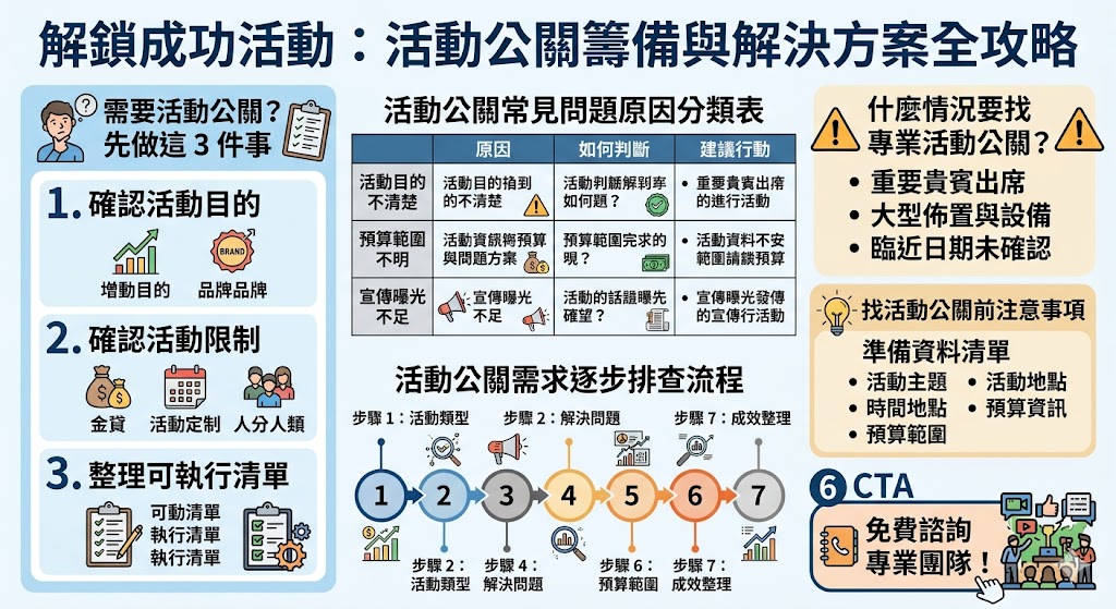正在規劃品牌發表會、記者會、開幕活動或企業活動，卻不知道該從哪裡開始？本篇整理活動公關常見問題、需求排查流程、預算與現場執行注意事項，幫助你快速判斷是否需要活動公關協助，從活動目的、流程規劃、廠商整合到媒體曝光一次釐清，降低籌備混亂與現場風險，讓活動更有方向、更容易達成宣傳與品牌效益。