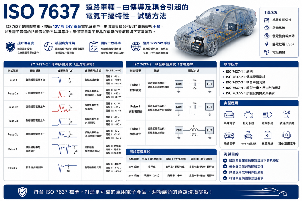 ISO 7637 是車用電子產品進行電氣暫態抗擾度驗證時常見的重要標準